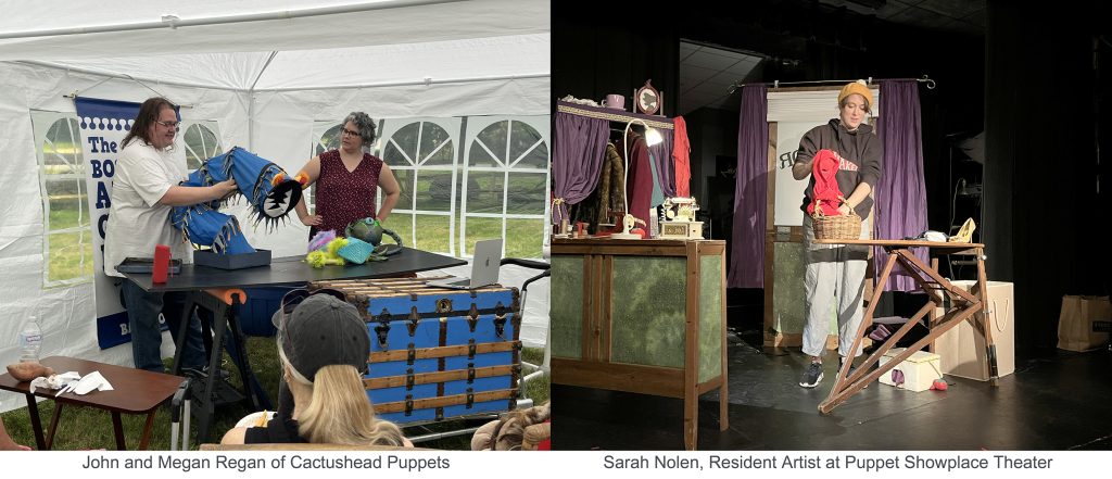 Two photos of recent puppet guild meetings, the first featuring John and Megan Regan of Cactushead Puppets, the second featuring Sarah Nolen, Resident Artist at Puppet Showplace Theater. 